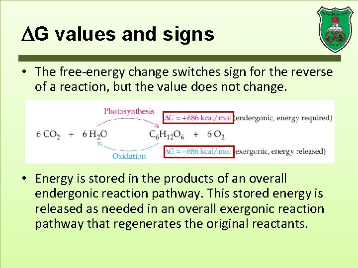  G values and signs • The free-energy change switches sign for the reverse