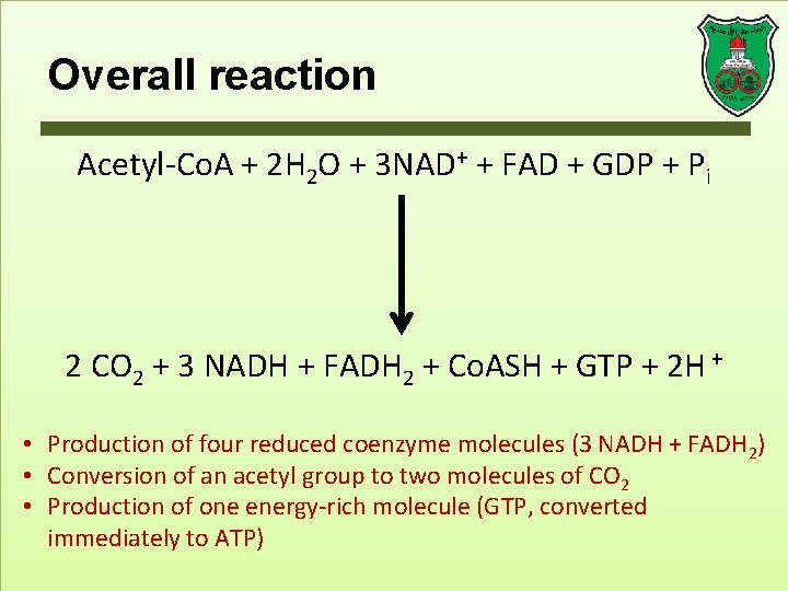 Overall reaction Acetyl-Co. A + 2 H 2 O + 3 NAD+ + FAD