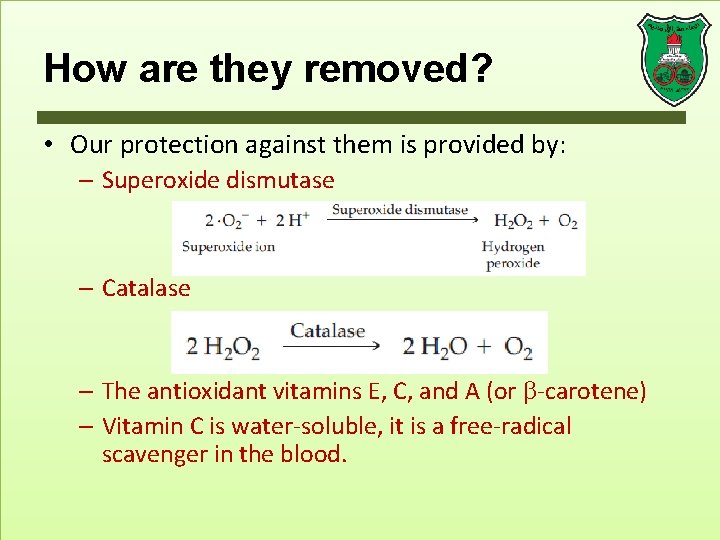 How are they removed? • Our protection against them is provided by: – Superoxide