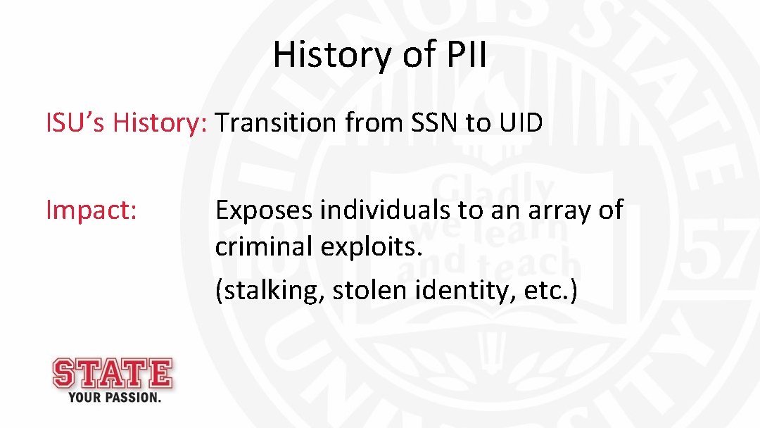 History of PII ISU’s History: Transition from SSN to UID Impact: Exposes individuals to