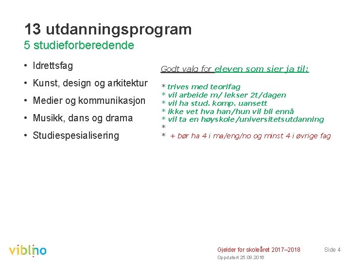 13 utdanningsprogram 5 studieforberedende • Idrettsfag • Kunst, design og arkitektur • Medier og