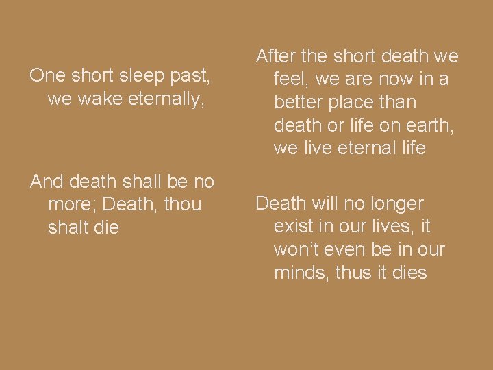One short sleep past, we wake eternally, And death shall be no more; Death,