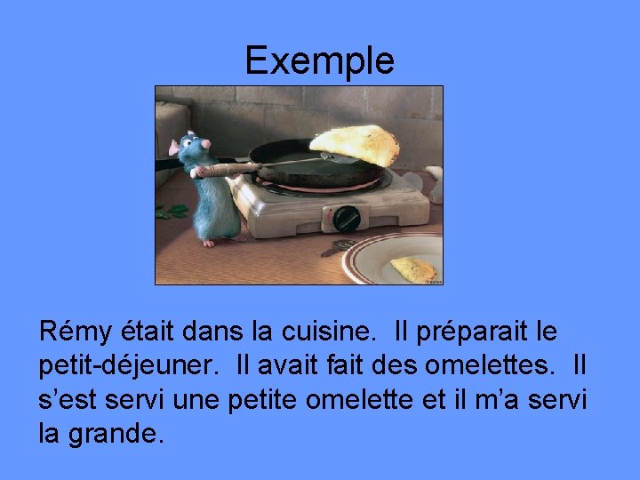 Exemple Rémy était dans la cuisine. Il préparait le petit-déjeuner. Il avait fait des