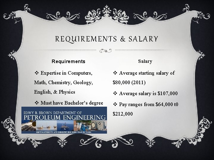 REQUIREMENTS & SALARY Salary Requirements v Expertise in Computers, v Average starting salary of