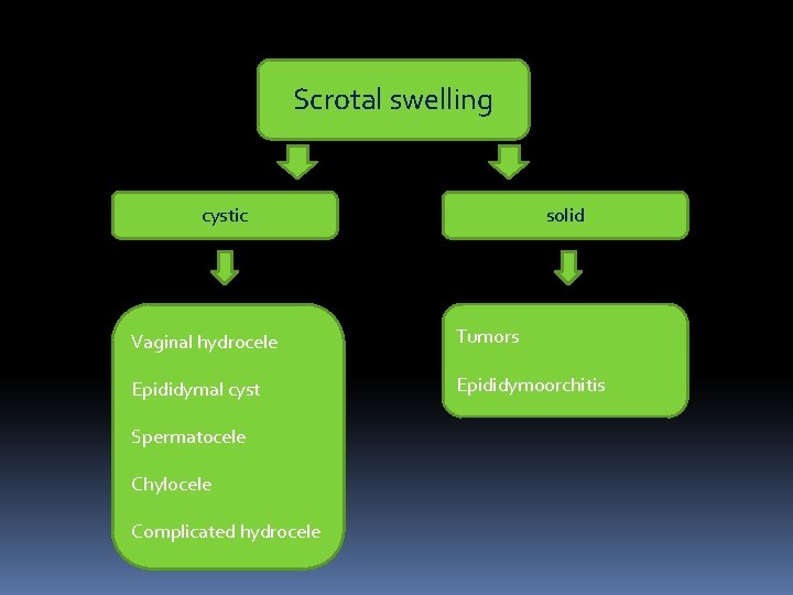 Scrotal swelling cystic solid Vaginal hydrocele Tumors Epididymal cyst Epididymoorchitis Spermatocele Chylocele Complicated hydrocele