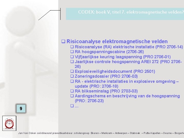 CODEX: boek V, titel 7. elektromagnetische velden? q Risicoanalyse elektromagnetische velden 9 q Risicoanalyse