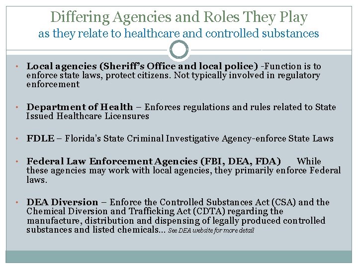 Differing Agencies and Roles They Play as they relate to healthcare and controlled substances