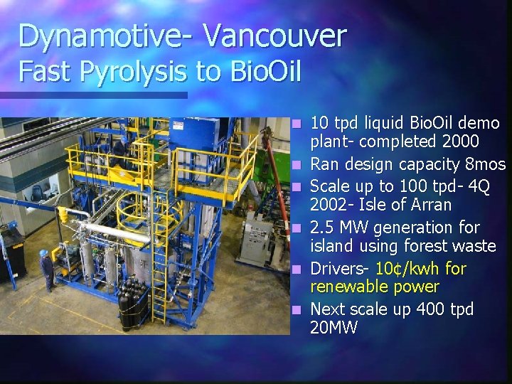 Dynamotive- Vancouver Fast Pyrolysis to Bio. Oil n n n 10 tpd liquid Bio.