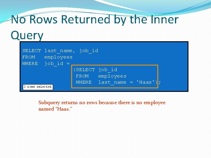No Rows Returned by the Inner Query SELECT last_name, job_id FROM employees WHERE job_id