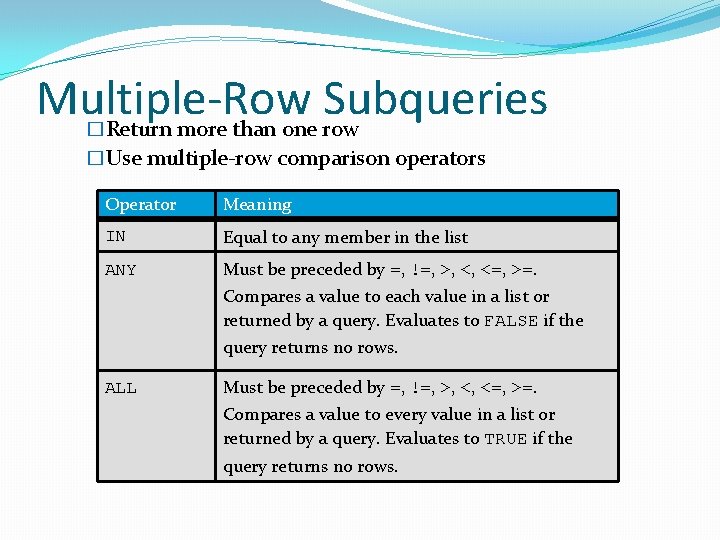 Multiple-Row Subqueries Return more than one row � �Use multiple-row comparison operators Operator Meaning