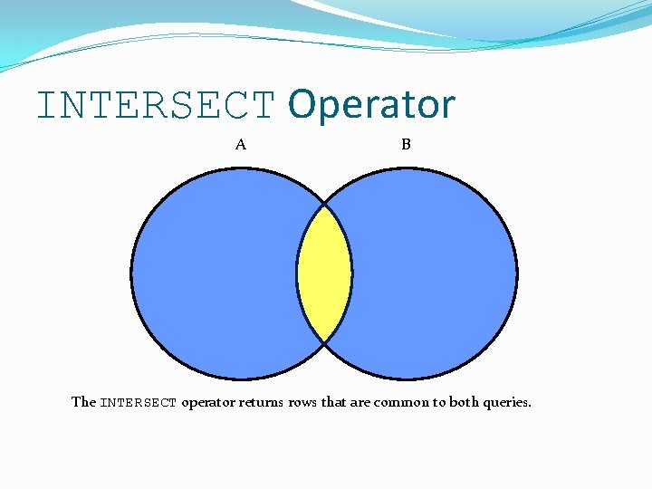 INTERSECT Operator A B The INTERSECT operator returns rows that are common to both