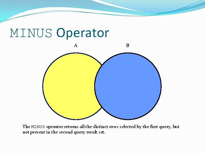 MINUS Operator A B The MINUS operator returns all the distinct rows selected by