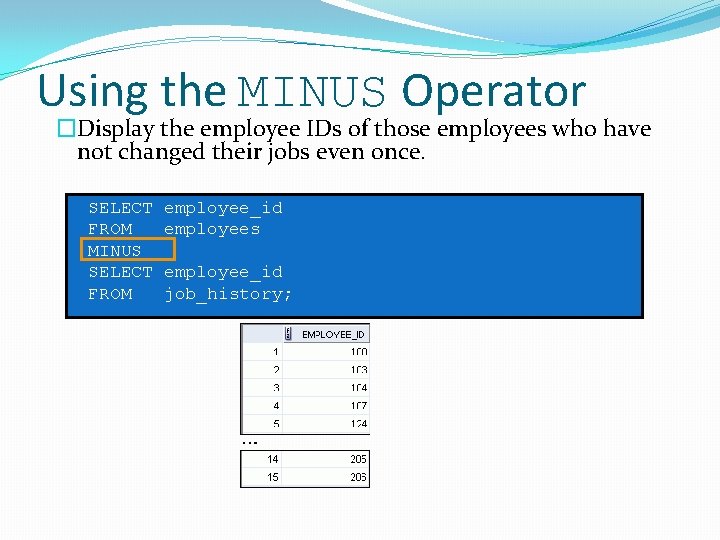 Using the MINUS Operator �Display the employee IDs of those employees who have not