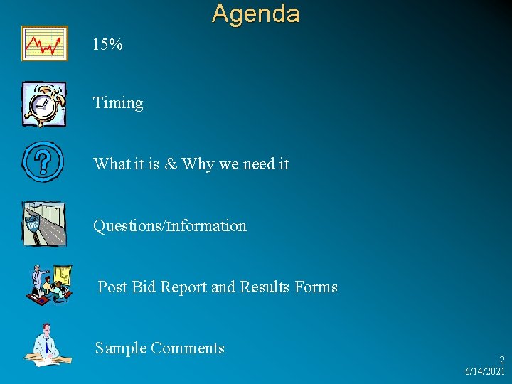 Agenda 15% Timing What it is & Why we need it Questions/Information Post Bid