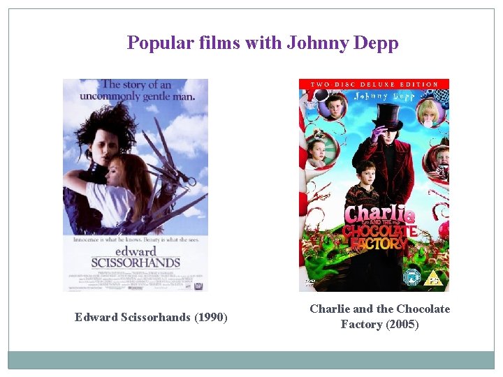 Popular films with Johnny Depp Edward Scissorhands (1990) Charlie and the Chocolate Factory (2005)