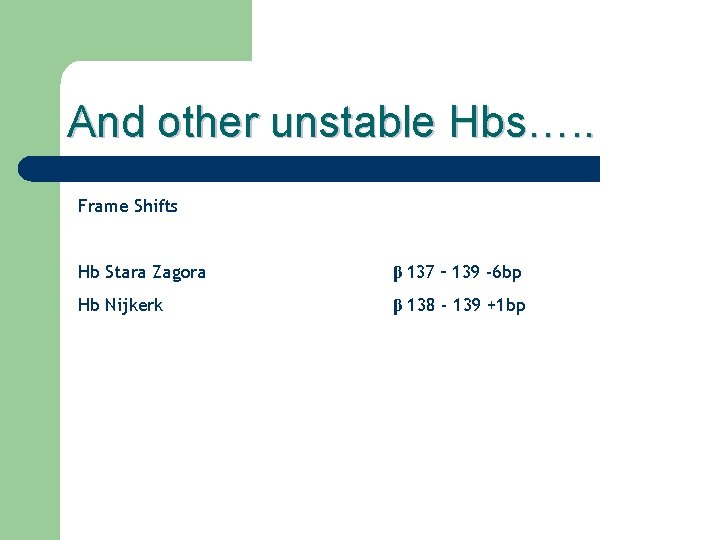 And other unstable Hbs…. . Frame Shifts Hb Stara Zagora β 137 – 139