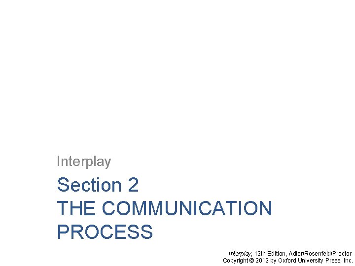 Interplay Section 2 THE COMMUNICATION PROCESS Interplay, 12 th Edition, Adler/Rosenfeld/Proctor Copyright © 2012