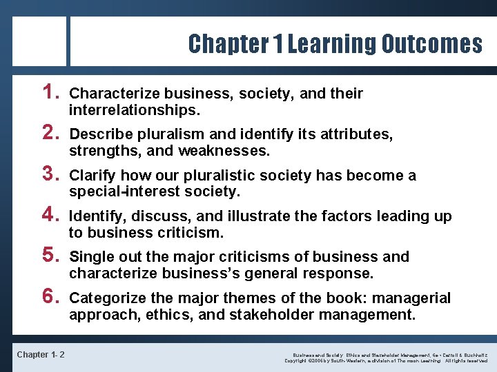 Chapter 1 Learning Outcomes 1. Characterize business, society, and their interrelationships. 2. Describe pluralism