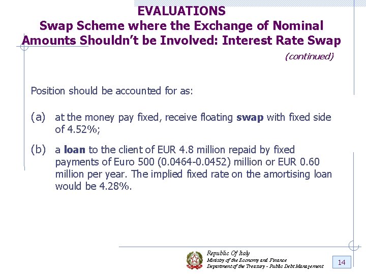 EVALUATIONS Swap Scheme where the Exchange of Nominal Amounts Shouldn’t be Involved: Interest Rate