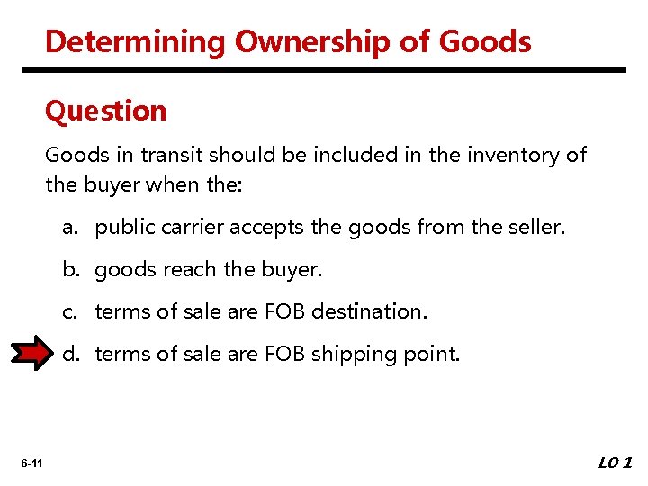Determining Ownership of Goods Question Goods in transit should be included in the inventory
