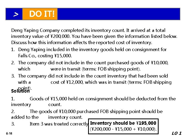> DO IT! Deng Yaping Company completed its inventory count. It arrived at a