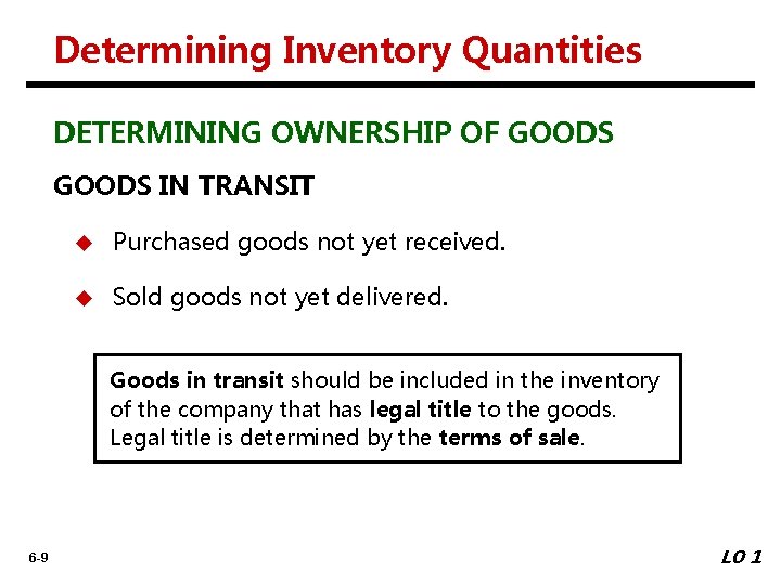 Determining Inventory Quantities DETERMINING OWNERSHIP OF GOODS IN TRANSIT u Purchased goods not yet