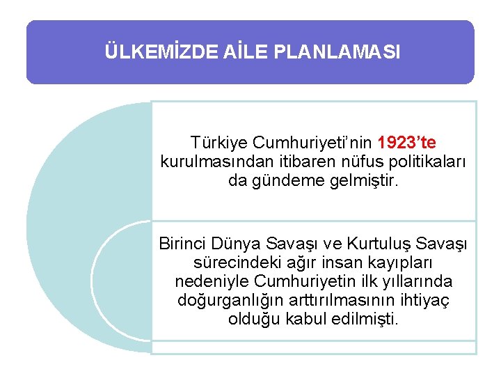 ÜLKEMİZDE AİLE PLANLAMASI Türkiye Cumhuriyeti’nin 1923’te kurulmasından itibaren nüfus politikaları da gündeme gelmiştir. Birinci