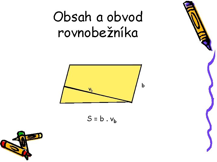 Obsah a obvod rovnobežníka vb S = b. vb b Obsah a obvod rovnobežníka vb S = b. vb b