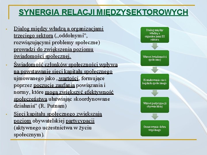 SYNERGIA RELACJI MIĘDZYSEKTOROWYCH • • • Dialog między władzą a organizacjami trzeciego sektora („oddolnymi”,