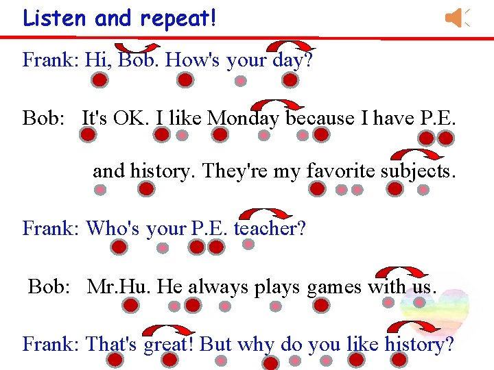 Listen and repeat! Frank: Hi, Bob. How's your day? Bob: It's OK. I like