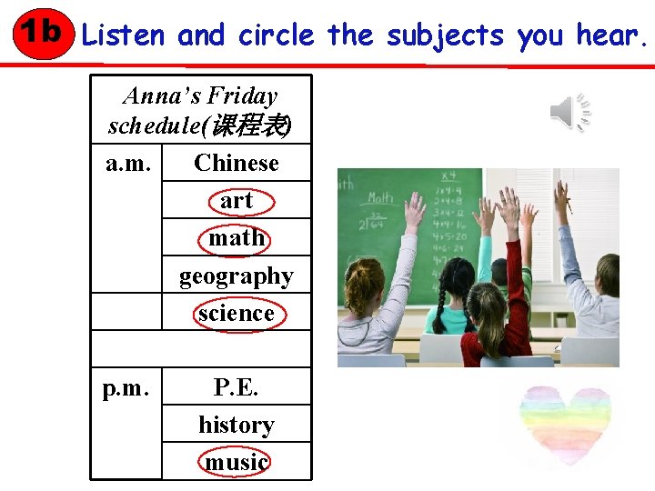 1 b Listen and circle the subjects you hear. Anna’s Friday schedule(课程表) a. m.