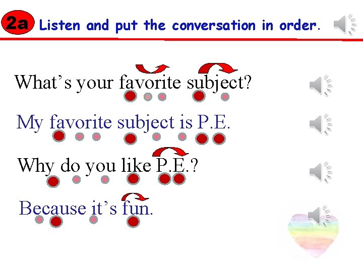 2 a Listen and put the conversation in order. What’s your favorite subject? My