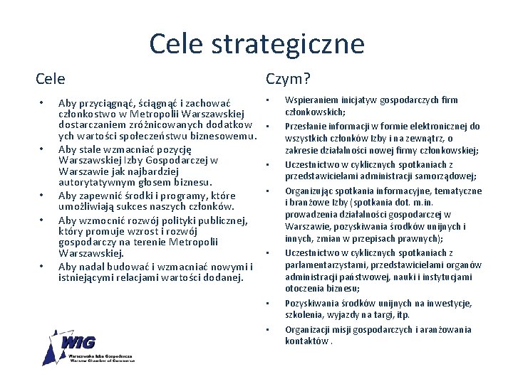 Cele strategiczne Cele • • • Aby przyciągnąć, ściągnąć i zachować członkostwo w Metropolii