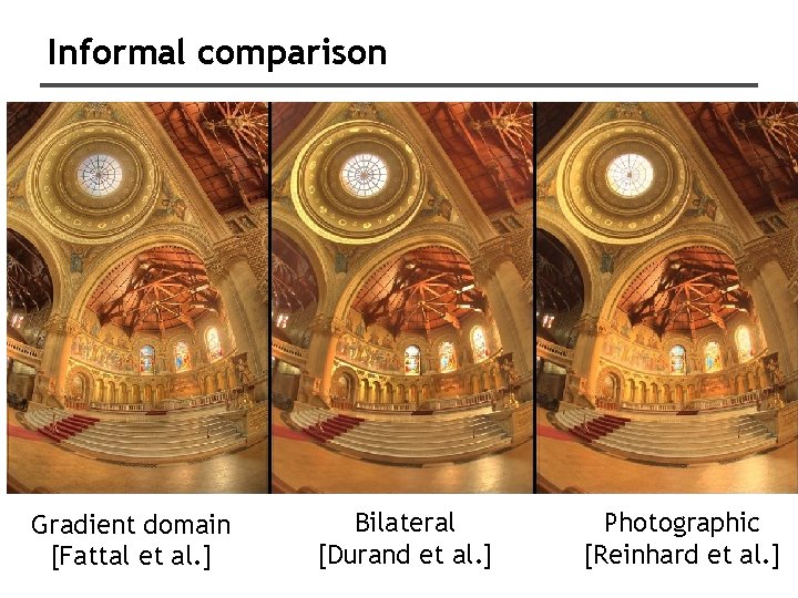 Informal comparison Gradient domain [Fattal et al. ] Bilateral [Durand et al. ] Photographic