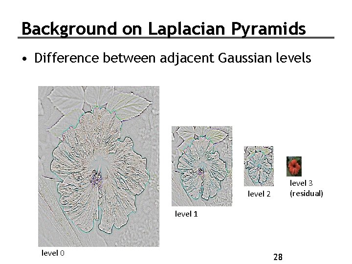 Background on Laplacian Pyramids • Difference between adjacent Gaussian levels level 3 (residual) level