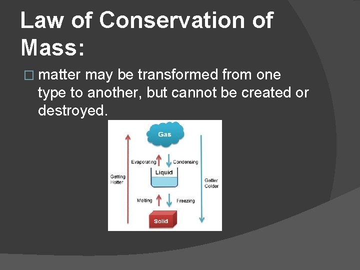 Law of Conservation of Mass: � matter may be transformed from one type to