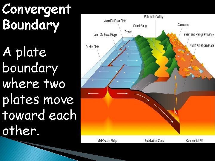 Convergent Boundary A plate boundary where two plates move toward each other. 