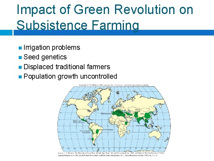 Impact of Green Revolution on Subsistence Farming Irrigation problems Seed genetics Displaced traditional farmers