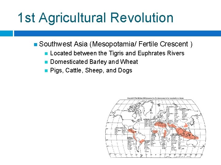 1 st Agricultural Revolution Southwest Asia (Mesopotamia/ Fertile Crescent ) Located between the Tigris