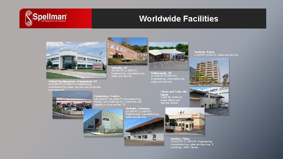 Worldwide Facilities Incheon, Korea 1, 420 ft 2 (130 m 2); Sales and service.