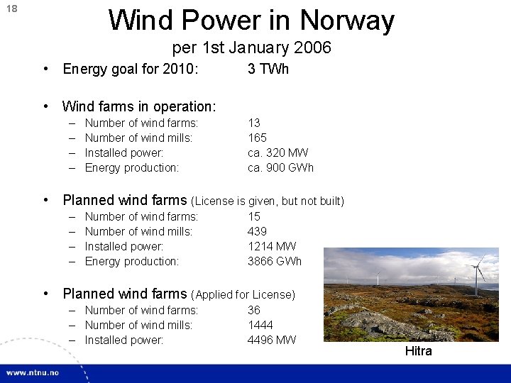 18 Wind Power in Norway per 1 st January 2006 • Energy goal for