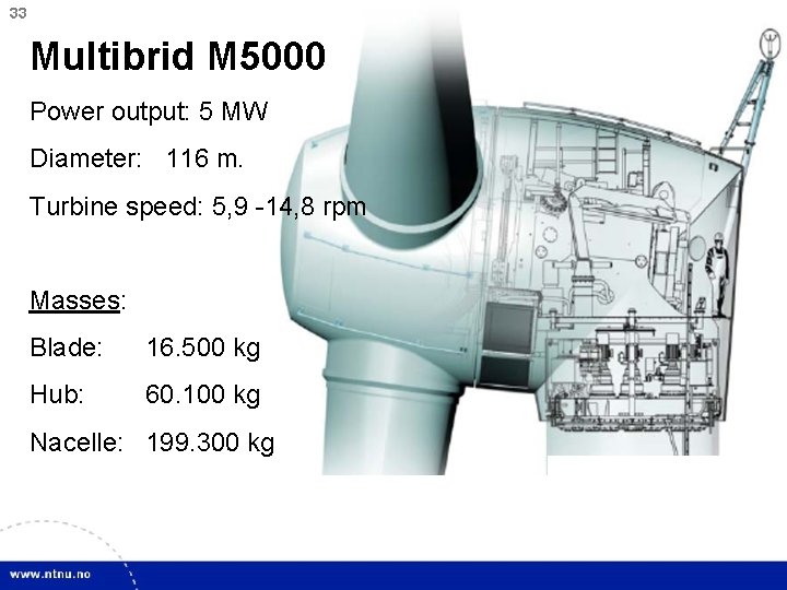 33 Multibrid M 5000 Power output: 5 MW Diameter: 116 m. Turbine speed: 5,