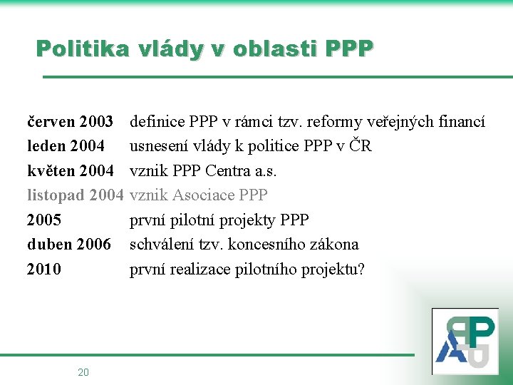 Politika vlády v oblasti PPP červen 2003 leden 2004 květen 2004 listopad 2004 2005