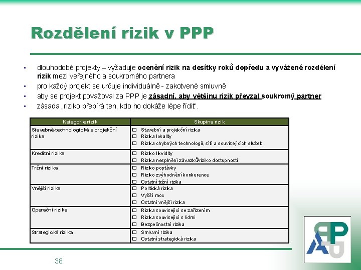 Rozdělení rizik v PPP • • dlouhodobé projekty – vyžaduje ocenění rizik na desítky