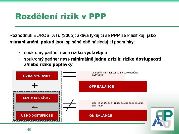 Rozdělení rizik v PPP Rozhodnutí EUROSTATu (2005): aktiva týkající se PPP se klasifikují jako