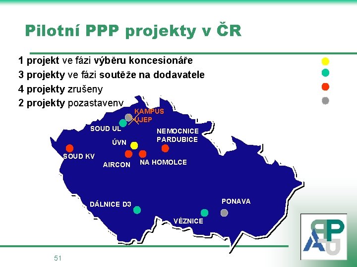 Pilotní PPP projekty v ČR 1 projekt ve fázi výběru koncesionáře 3 projekty ve