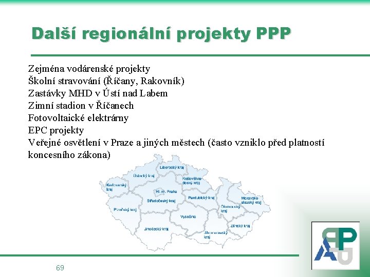 Další regionální projekty PPP Zejména vodárenské projekty Školní stravování (Říčany, Rakovník) Zastávky MHD v