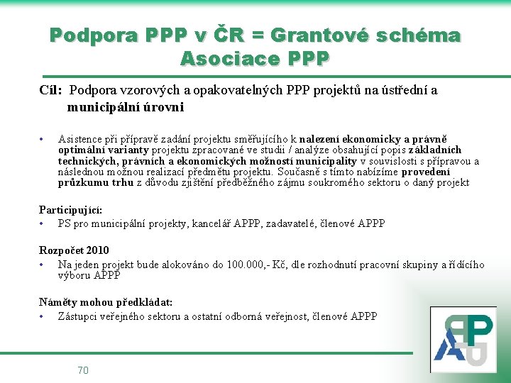 Podpora PPP v ČR = Grantové schéma Asociace PPP Cíl: Podpora vzorových a opakovatelných