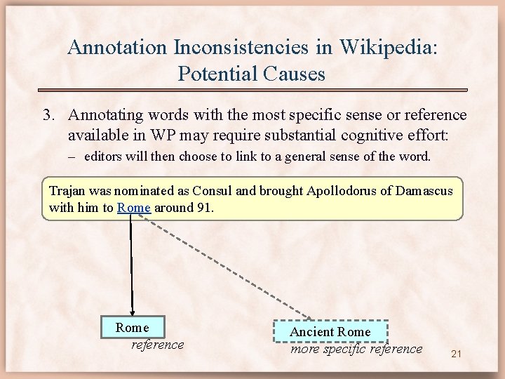 Annotation Inconsistencies in Wikipedia: Potential Causes 3. Annotating words with the most specific sense