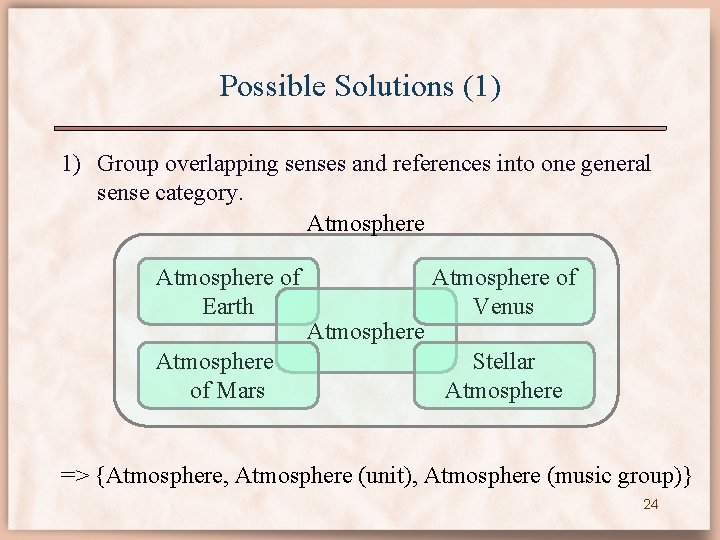 Possible Solutions (1) 1) Group overlapping senses and references into one general sense category.